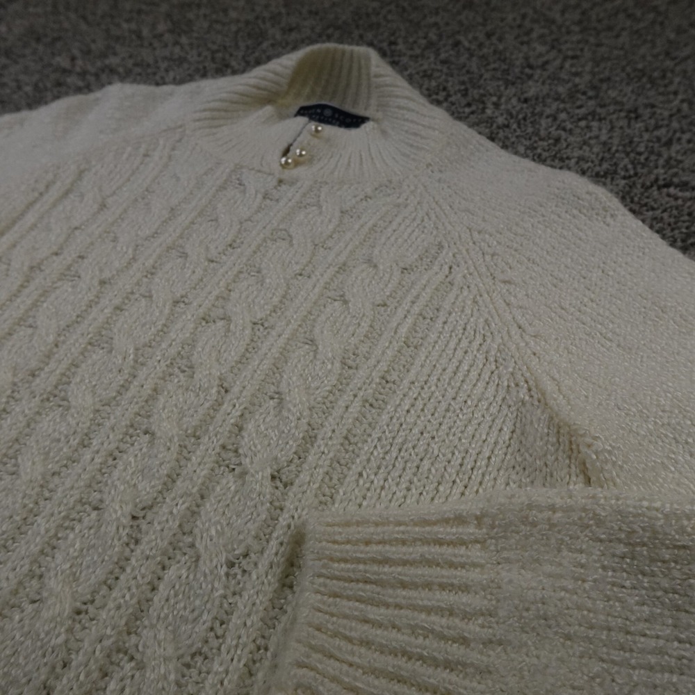 Fisherman Sweater Womens PM White Aran Cable Knit Pullover Mock‎ Neck Sweatshirt